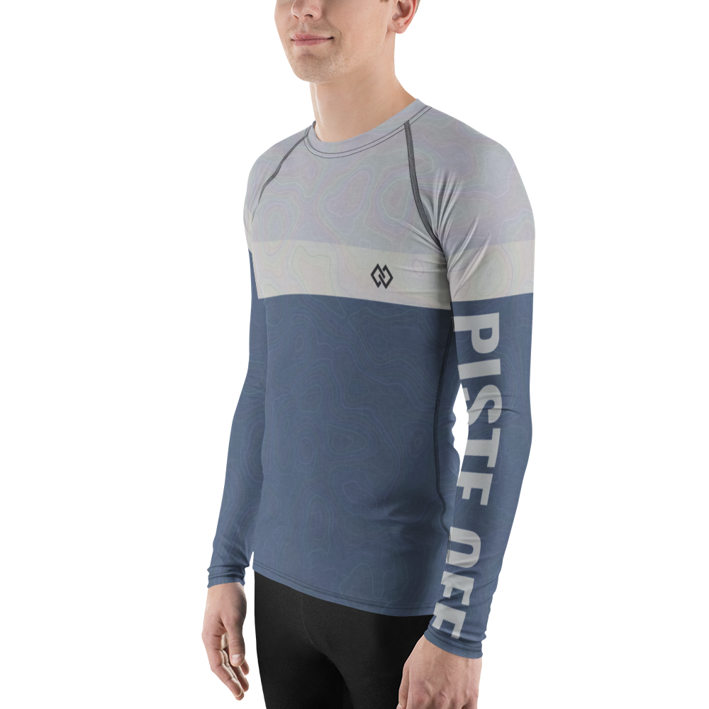 Topo Stripe Base Layer – left side with PISTE OFF sleeve (Printful mockup)
