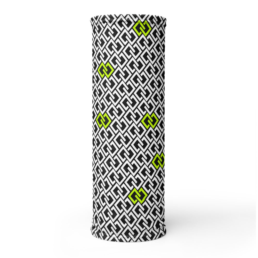 Double Diamond Neck Gaiter – Black & Lime – on tube (Printful mockup)