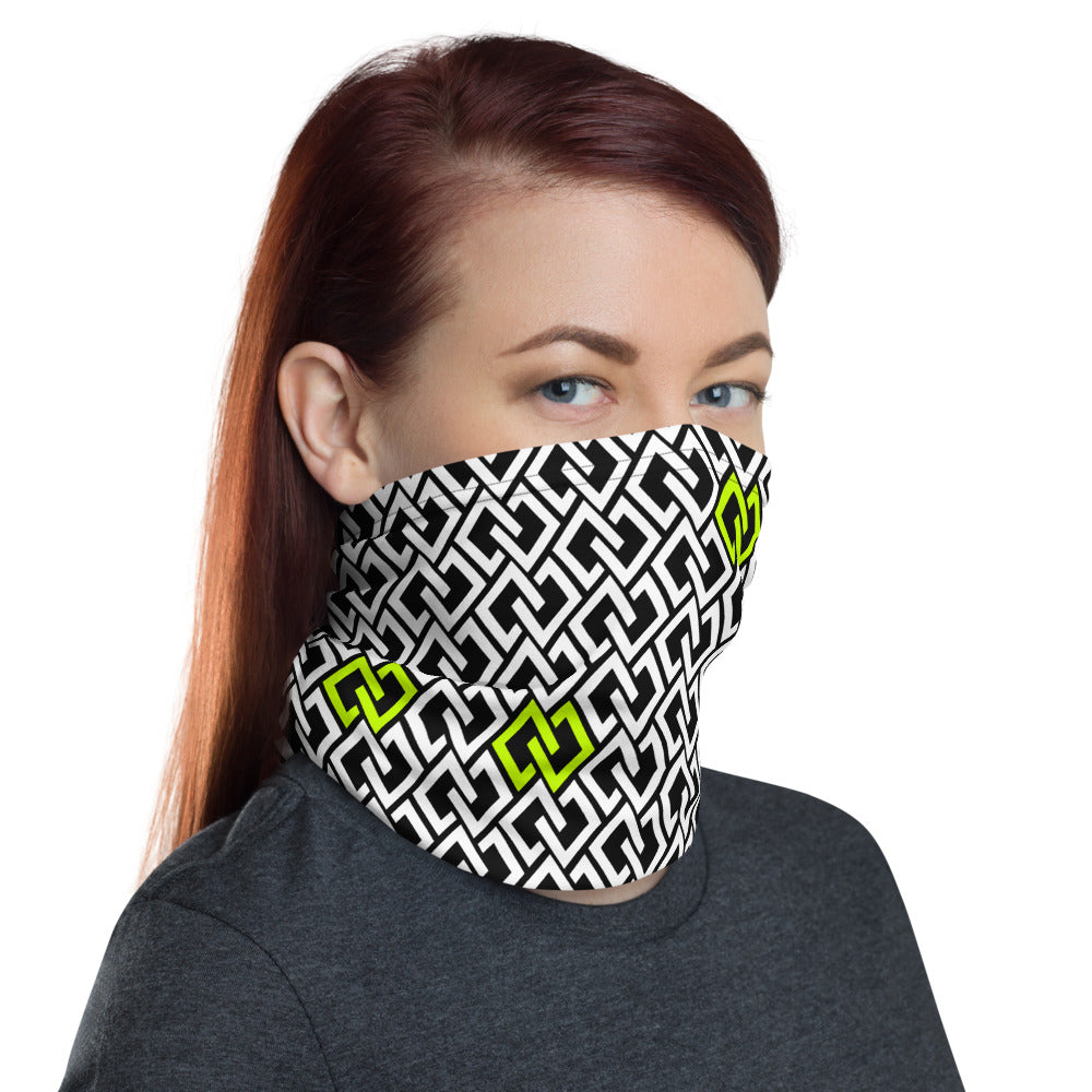 Double Diamond Neck Gaiter – Black & Lime – worn, three-quarter (Printful mockup)