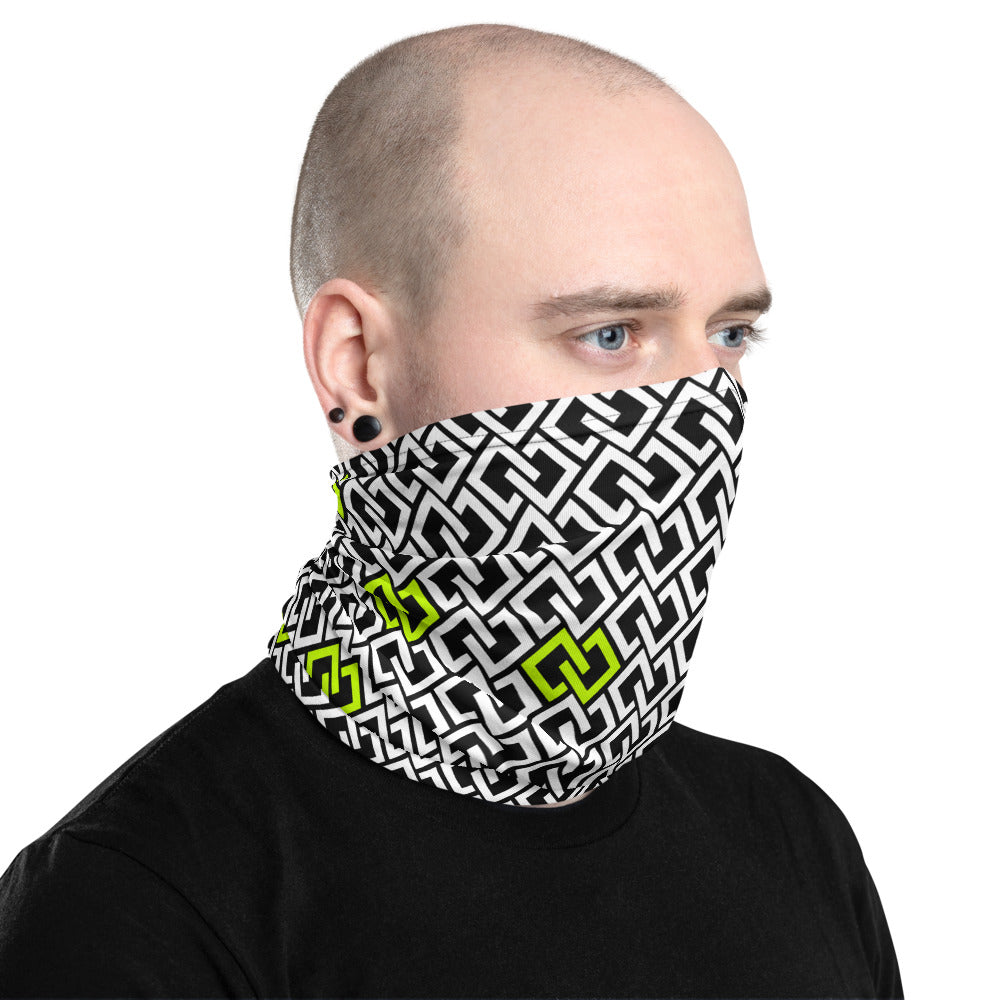 Double Diamond Neck Gaiter – Black & Lime – worn, three-quarter (Printful mockup)