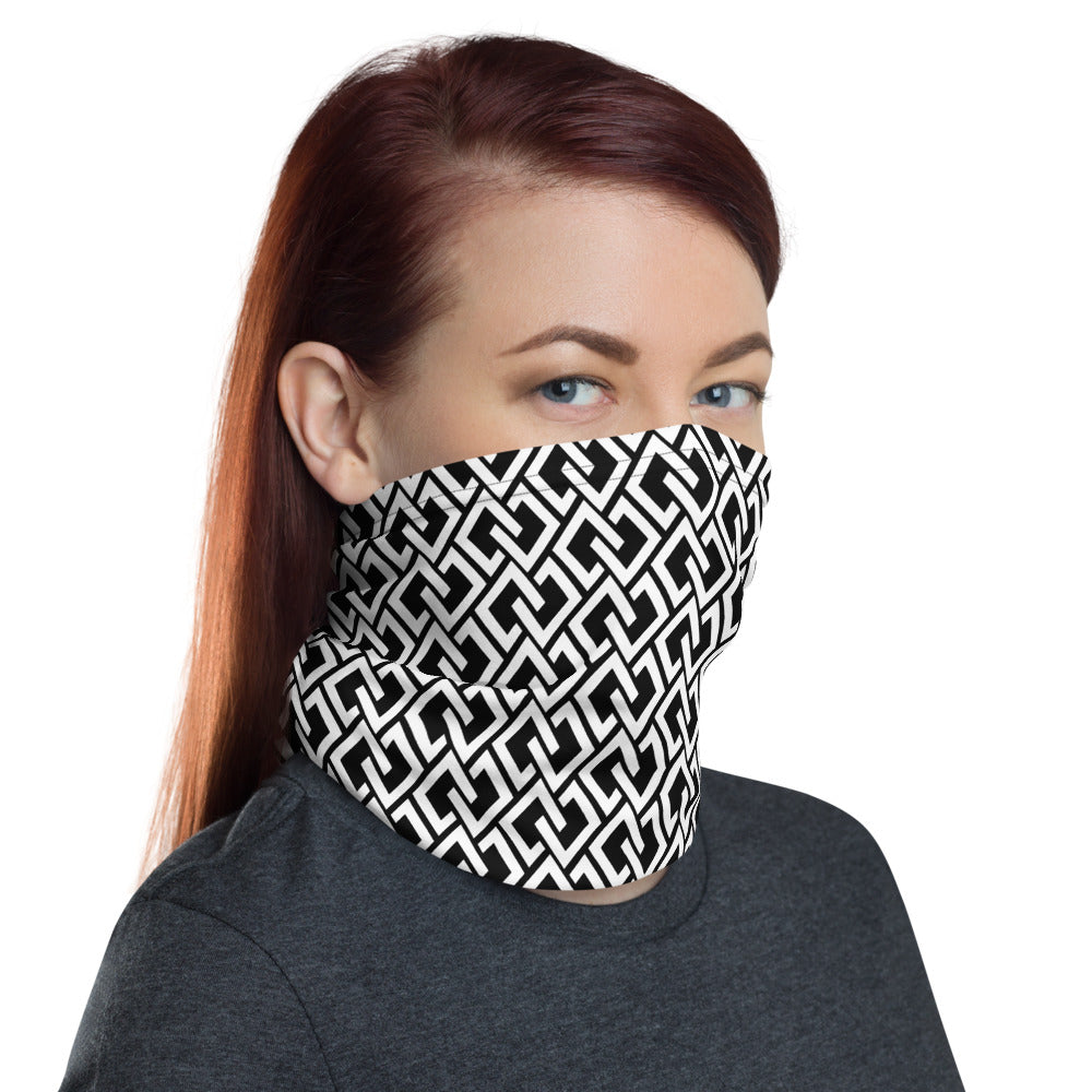 Double Diamond Neck Gaiter – Black & White – worn, three-quarter (Printful mockup)