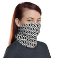 Double Diamond Neck Gaiter – Black & White – worn, three-quarter (Printful mockup)