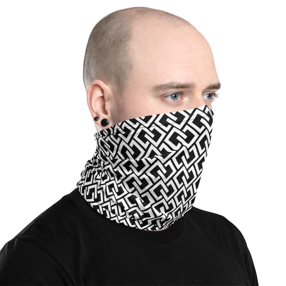 Double Diamond Neck Gaiter – Black & White – worn, three-quarter (Printful mockup)