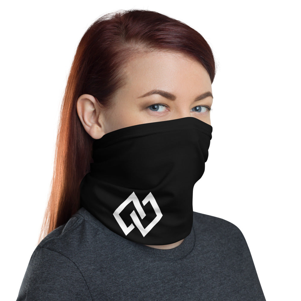 Double Diamond Neck Gaiter – Black Single Logo – worn, three-quarter (Printful mockup)