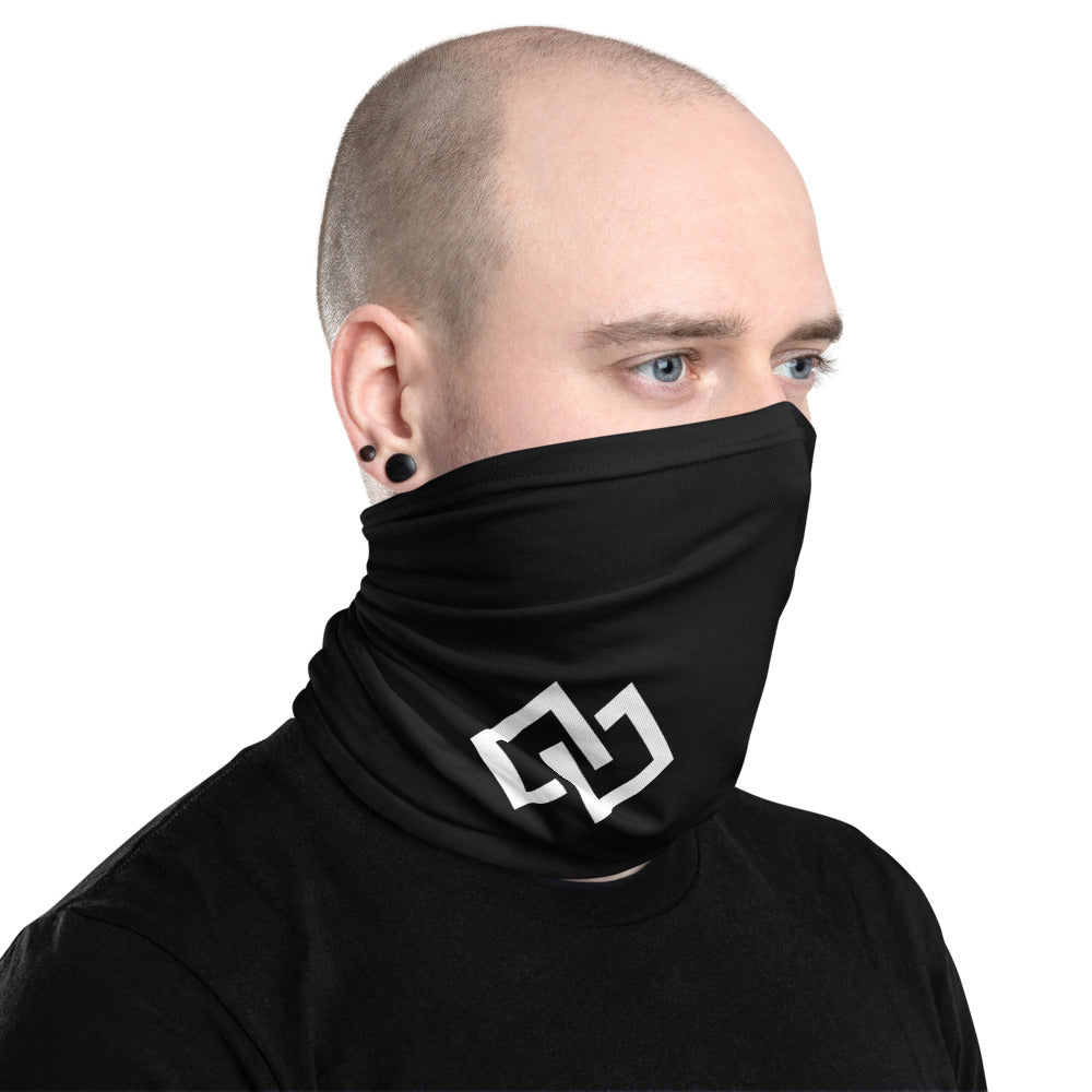 Double Diamond Neck Gaiter – Black Single Logo – worn, three-quarter (Printful mockup)