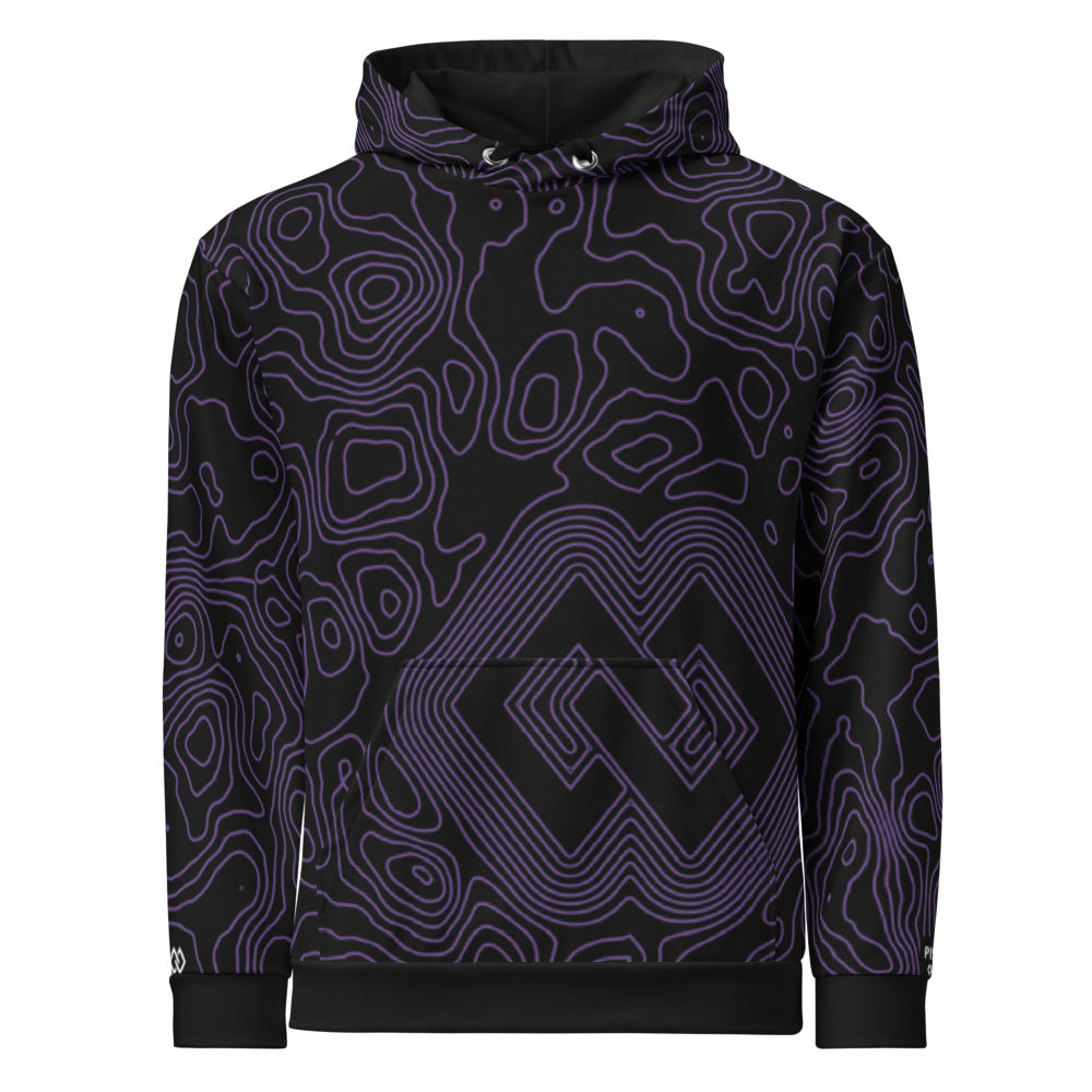 Contour Hoodie – front, double-diamond in the contour lines across the pocket (Printful mockup)