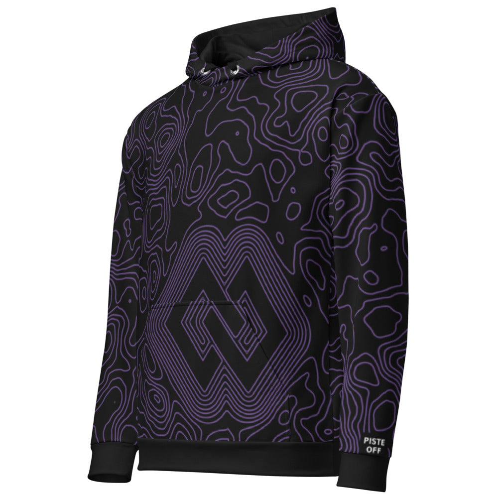 Contour Hoodie – left front three-quarter, PISTE OFF on the left wrist (Printful mockup)