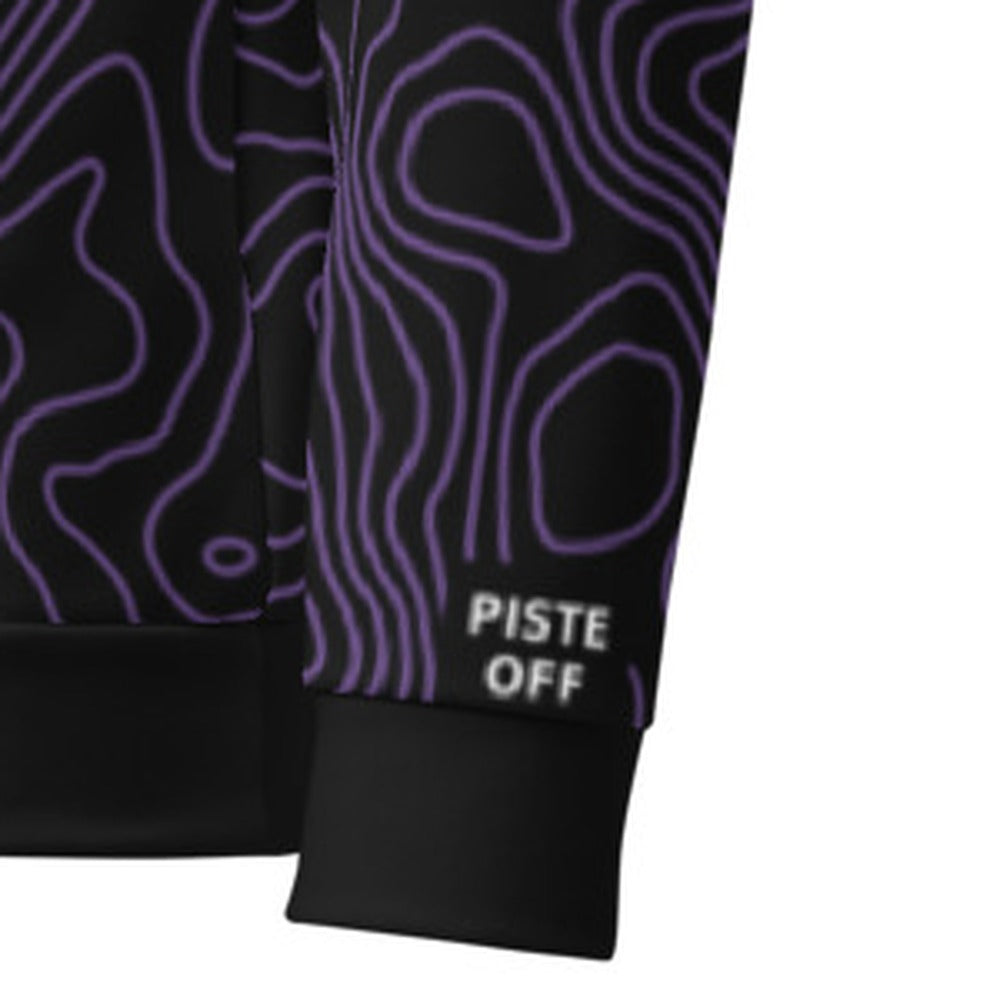 Contour Hoodie – left cuff close-up, PISTE OFF in white (Printful mockup crop)