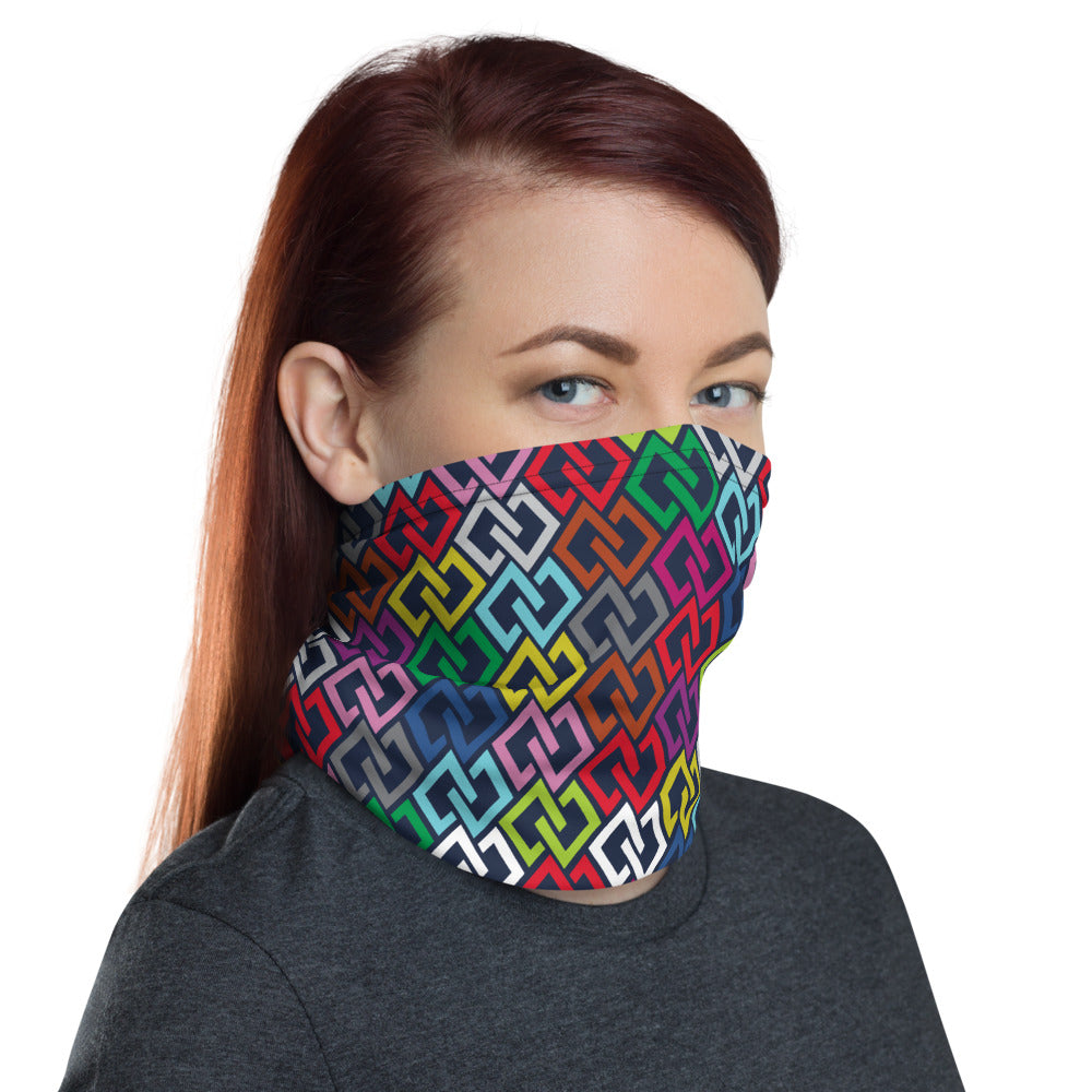 Double Diamond Multicolour Neck Gaiter – worn, front, women's (Printful mockup)