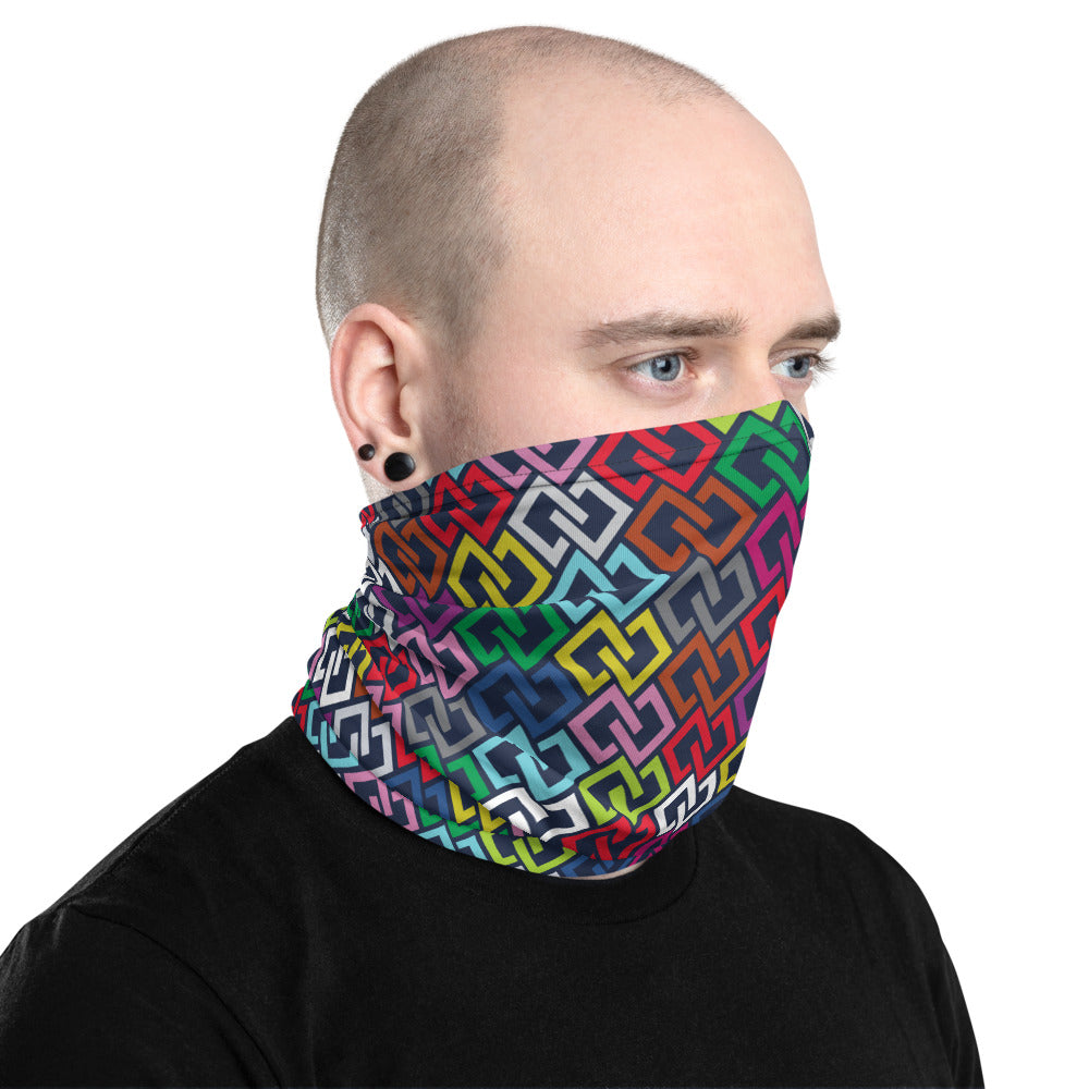 Double Diamond Multicolour Neck Gaiter – worn, three-quarter (Printful mockup)