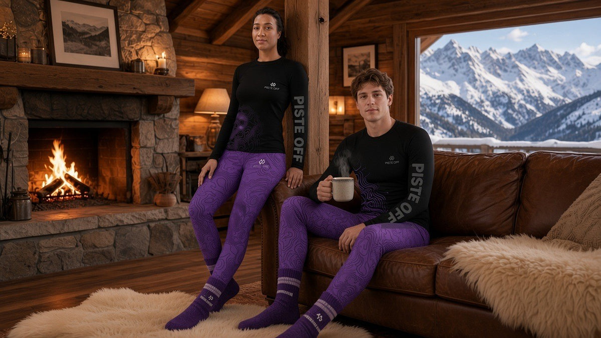 Two skiers in the Piste Off Contour base layer top and leggings in purple, relaxing by the fire in a ski lodge