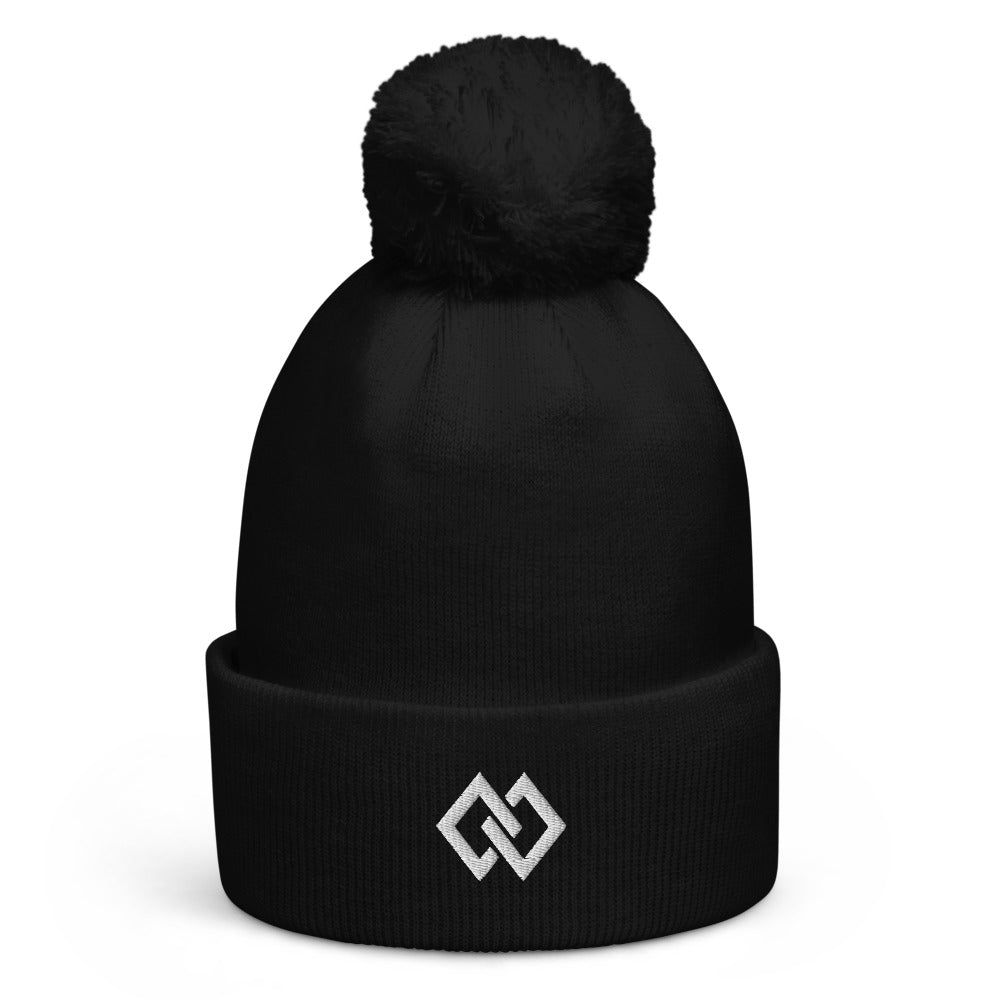 Double Diamond Pom-Pom Beanie in Black, front