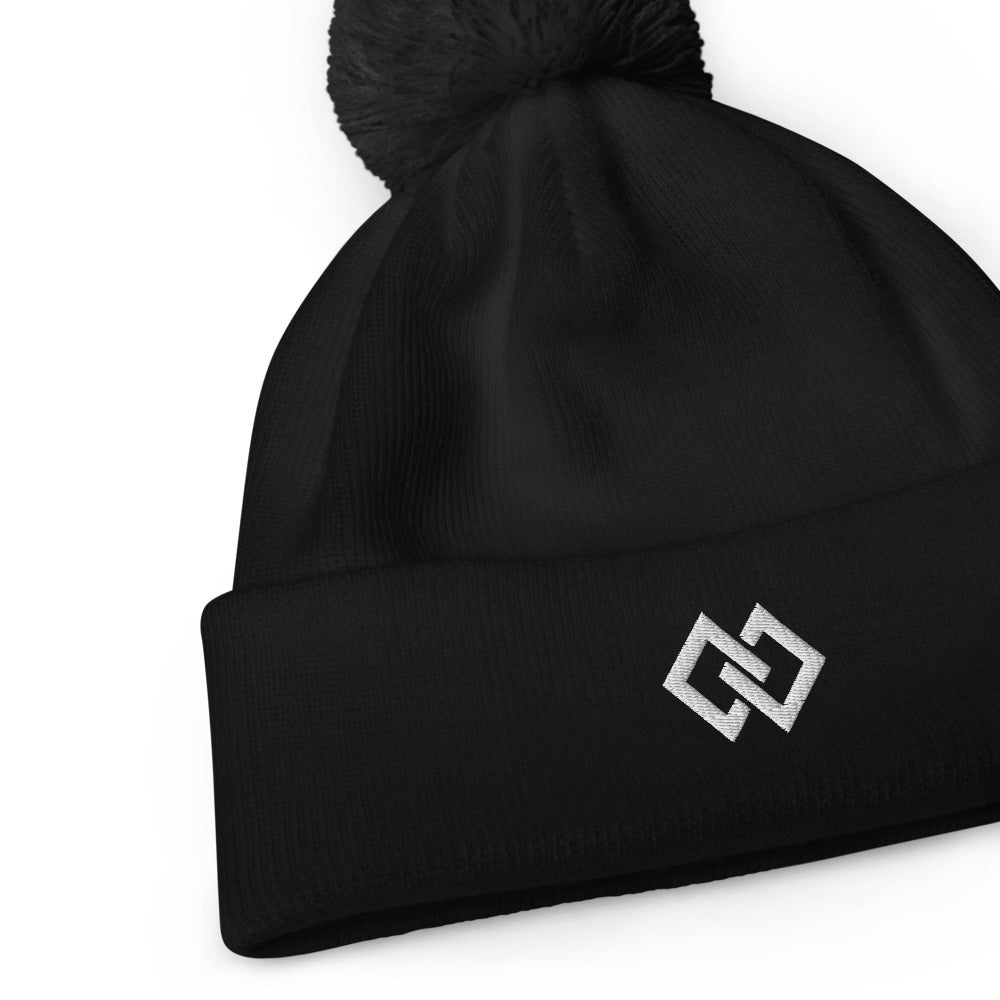 Double Diamond Pom-Pom Beanie in Black, embroidery detail