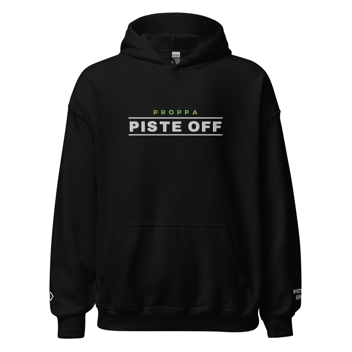 PROPPA PISTE OFF embroidered hoodie, black, front (Printful mockup)