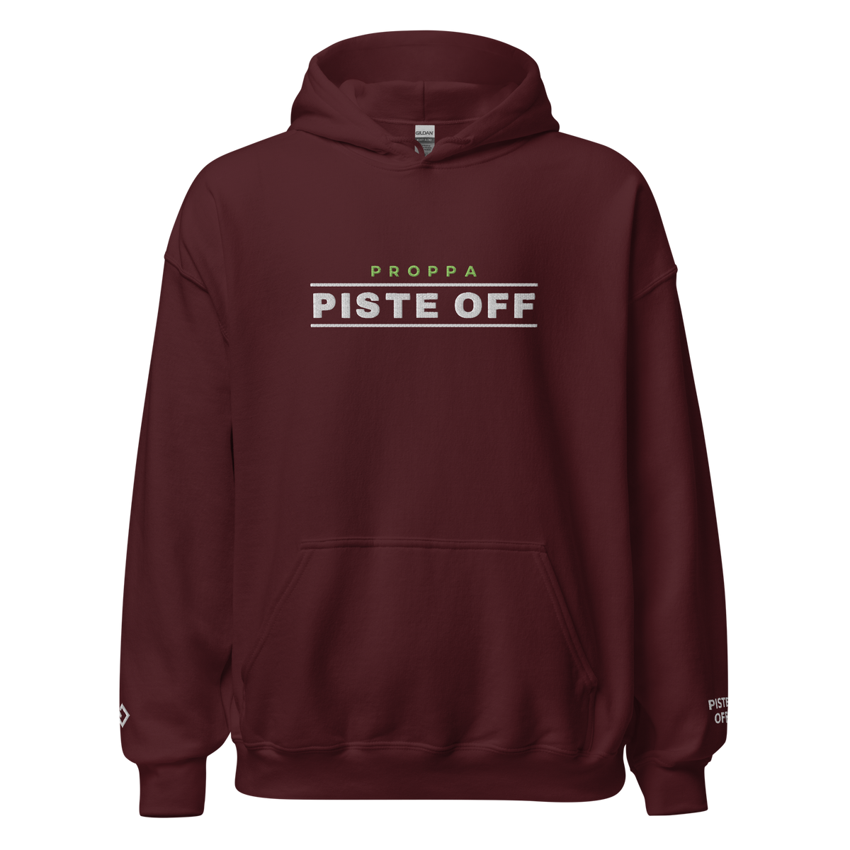 PROPPA PISTE OFF embroidered hoodie, maroon, front (Printful mockup)