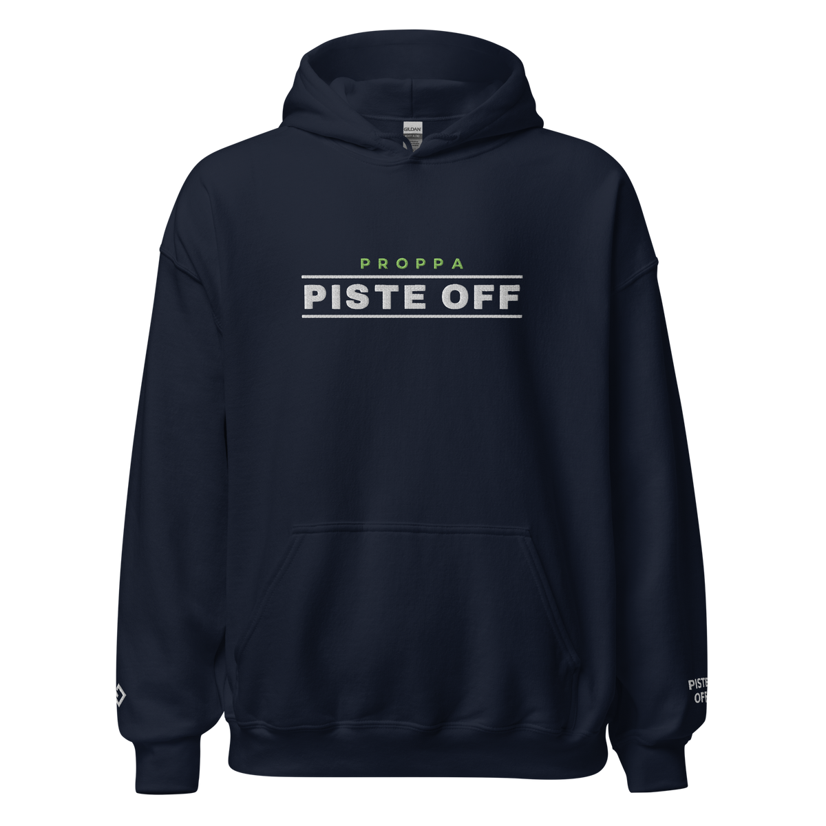 PROPPA PISTE OFF embroidered hoodie, navy, front (Printful mockup)