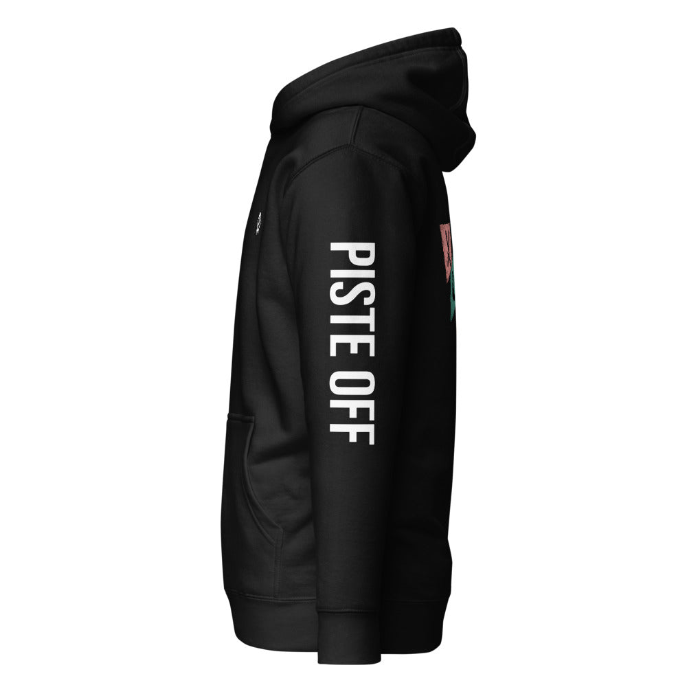 Retro Panels Hoodie – Black, left sleeve (Printful mockup)