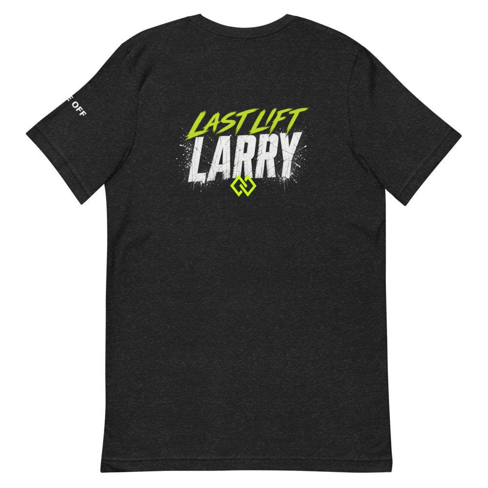 Last Lift Larry T-Shirt – Black Heather, back (Printful mockup)