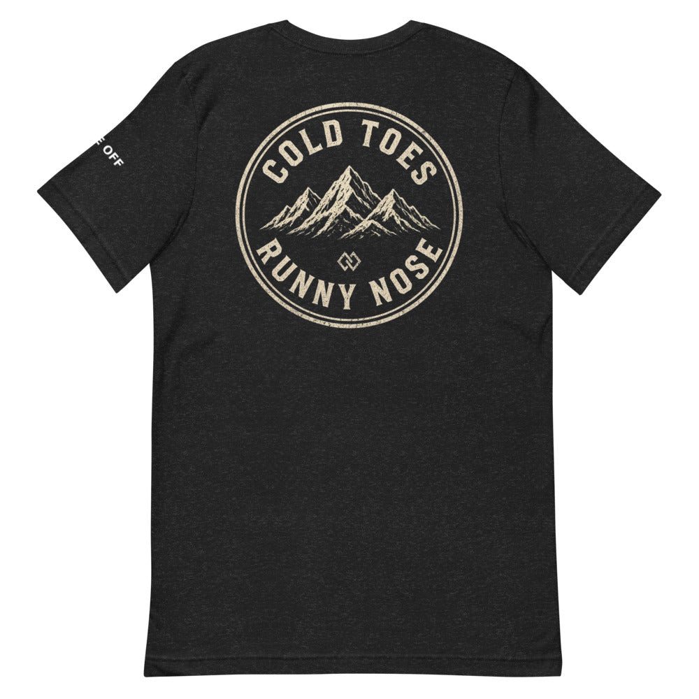 Cold Toes Runny Nose T-Shirt – Black Heather, back (Printful mockup)