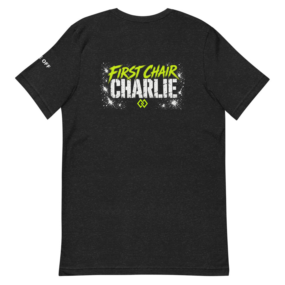 First Chair Charlie T-Shirt – Black Heather, back (Printful mockup)