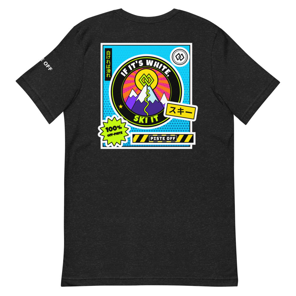 If It's White, Ski It: Tokyo-to Tee – Black Heather, back (Printful mockup)