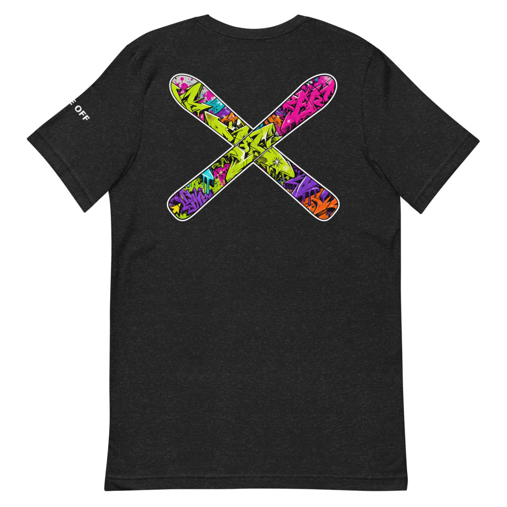 Crossed Up Tee – Black Heather, back (Printful mockup)