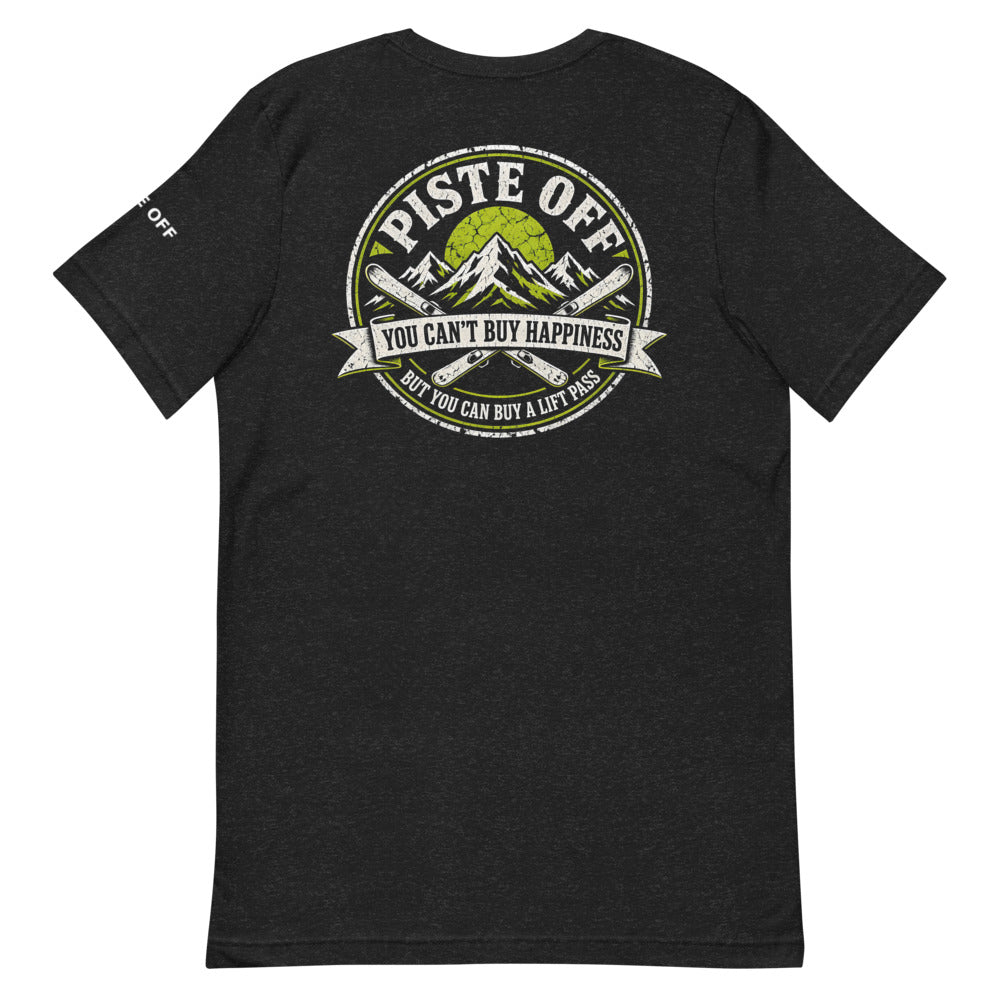 Can't Buy Happiness Lift Pass Tee – Black Heather, back (Printful mockup)