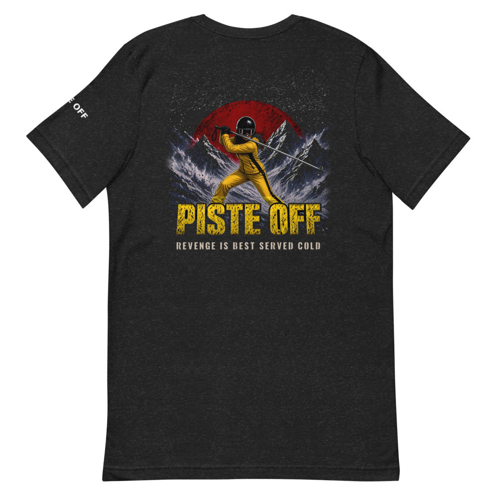 Piste Off Revenge T-Shirt – Black Heather, back (Printful mockup)