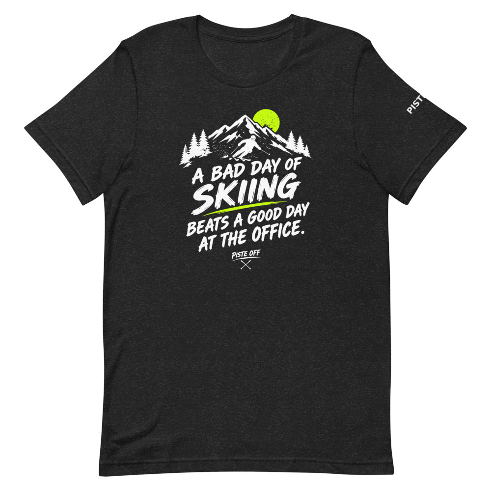 Bad Day of Skiing Tee – Black Heather, front (Printful mockup)