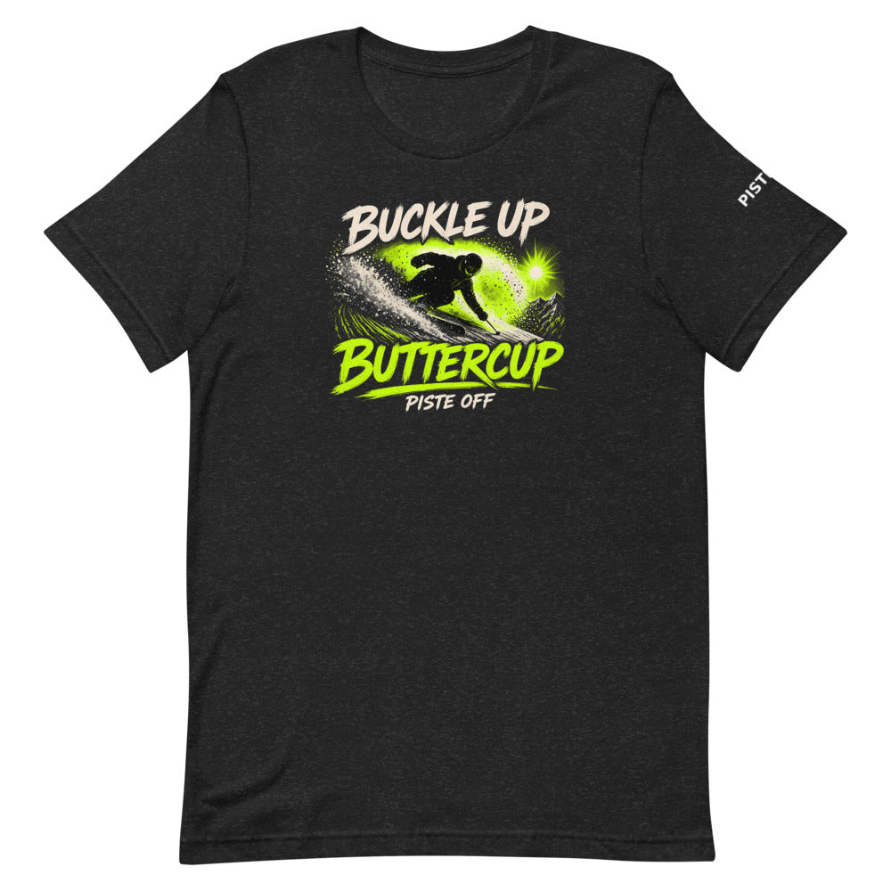 Buckle Up Buttercup Tee – Black Heather, front (Printful mockup)