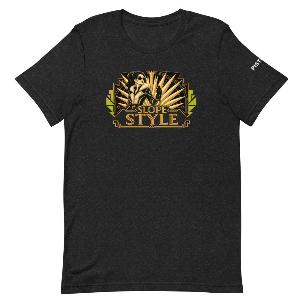 Slope Style Tee – Black Heather, front (Printful mockup)