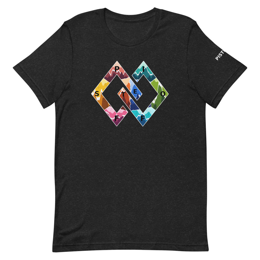 Piste Peaks Tee – Black Heather, front (Printful mockup)