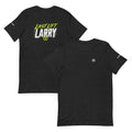 Last Lift Larry T-Shirt – Black Heather, front and back (Printful mockup)