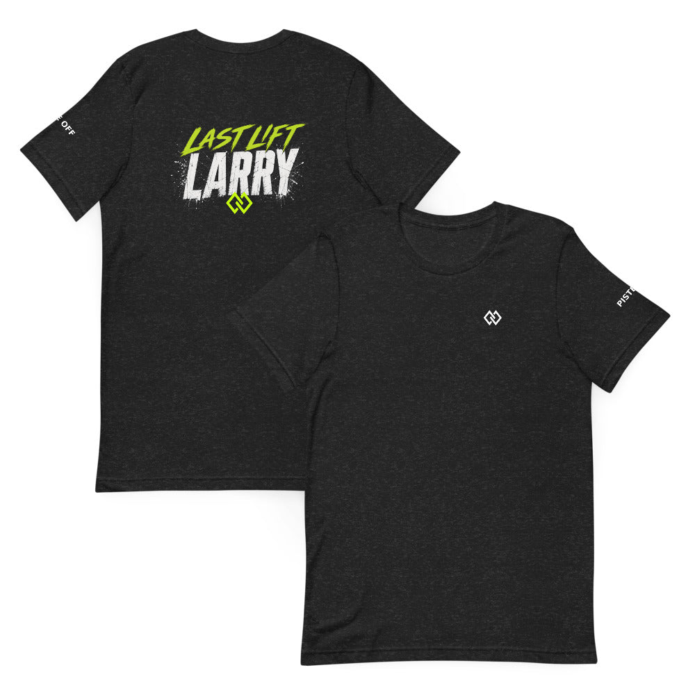Last Lift Larry T-Shirt – Black Heather, front and back (Printful mockup)