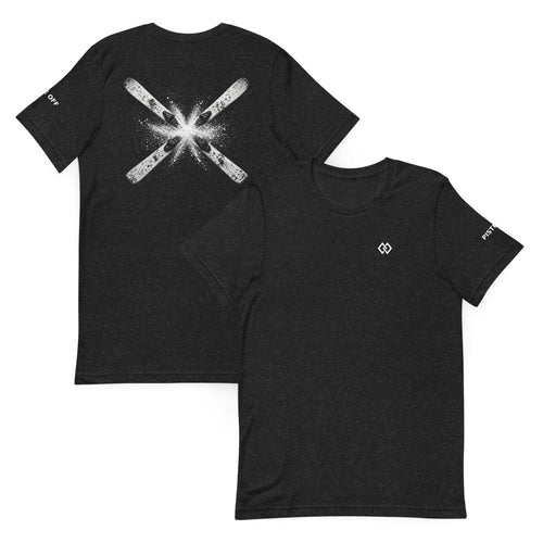 Crossed Skis T-Shirt – Black Heather, front and back (Printful mockup)