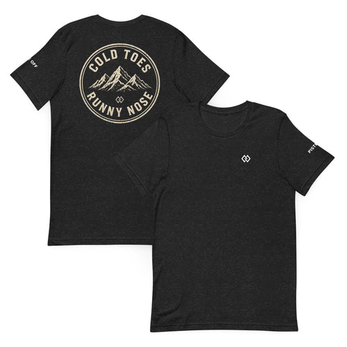 Cold Toes Runny Nose T-Shirt – Black Heather, front and back (Printful mockup)