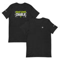 First Chair Charlie T-Shirt – Black Heather, front and back (Printful mockup)