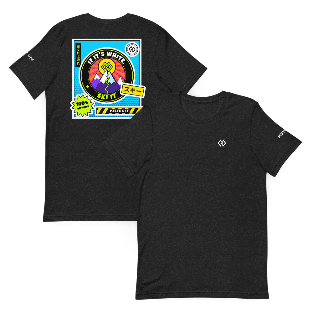 If It's White, Ski It: Tokyo-to Tee – Black Heather, front and back (Printful mockup)