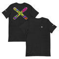 Crossed Up Tee – Black Heather, front and back (Printful mockup)