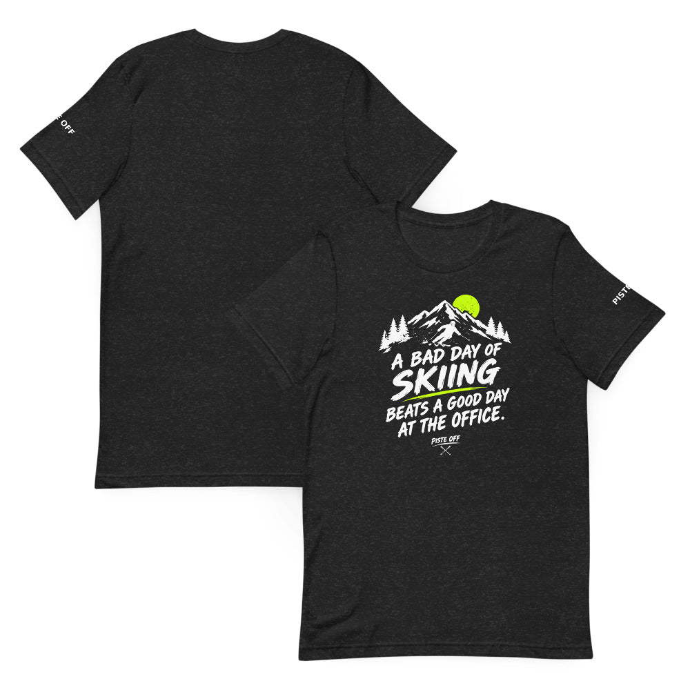 Bad Day of Skiing Tee – Black Heather, front and back (Printful mockup)