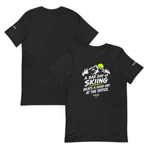 Bad Day of Skiing Tee – Black Heather, front and back (Printful mockup)