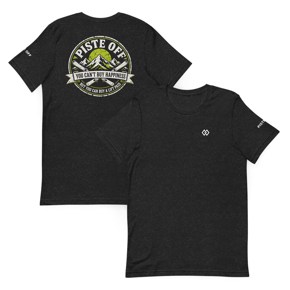 Can't Buy Happiness Lift Pass Tee – Black Heather, front and back (Printful mockup)