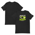 Buckle Up Buttercup Tee – Black Heather, front and back (Printful mockup)