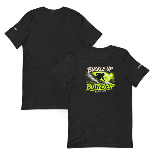 Buckle Up Buttercup Tee – Black Heather, front and back (Printful mockup)
