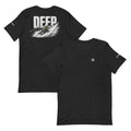 DEEP Tee – Black Heather, front and back (Printful mockup)