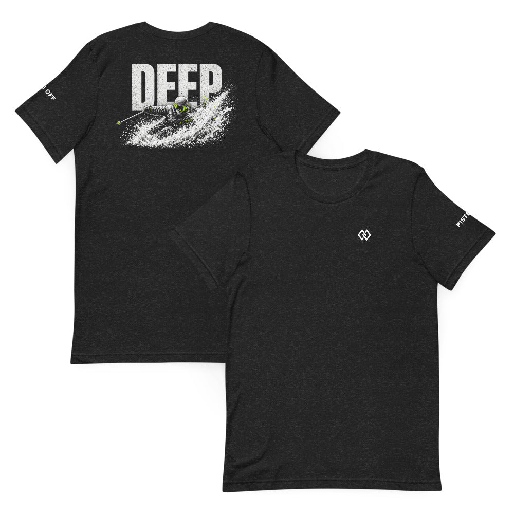 DEEP Tee – Black Heather, front and back (Printful mockup)