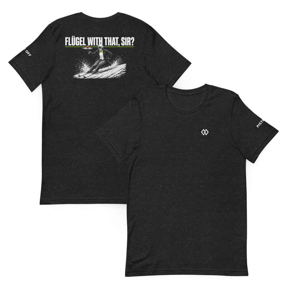 Flügel With That, Sir Tee – Black Heather, front and back (Printful mockup)