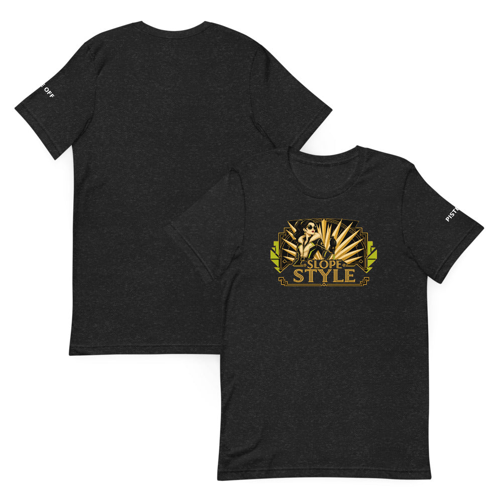 Slope Style Tee – Black Heather, front and back (Printful mockup)