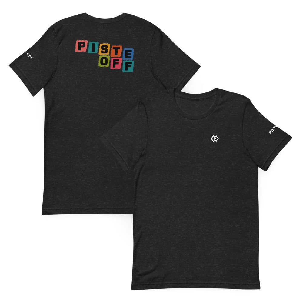 Piste Panels Tee – Black Heather, front and back (Printful mockup)