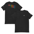 Piste Panels Tee – Black Heather, front and back (Printful mockup)